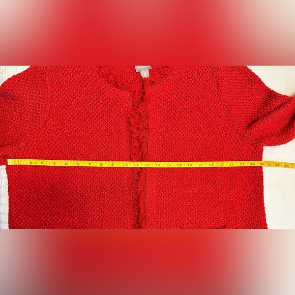 Chico’s Sparkle Fringe-Trim Red Cardigan/Boucle Sweater Size 3 - Picture 9 of 10